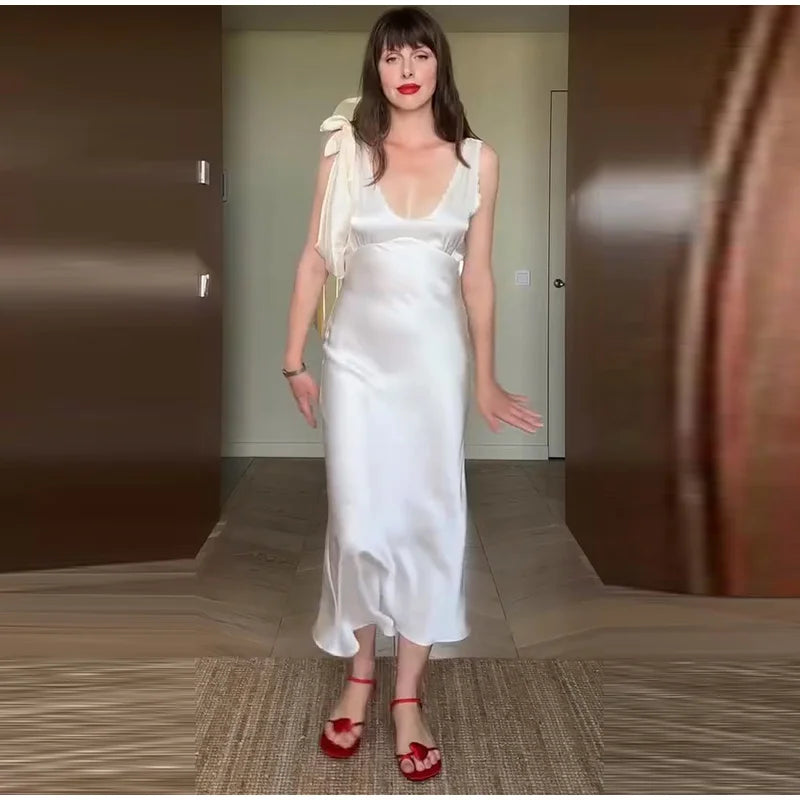 Sexy Lace Tube Long Dress For Women V-neck Sleeveless Backless Draped A-line Robe 2025 Summer Elegant Female New Party Dresses