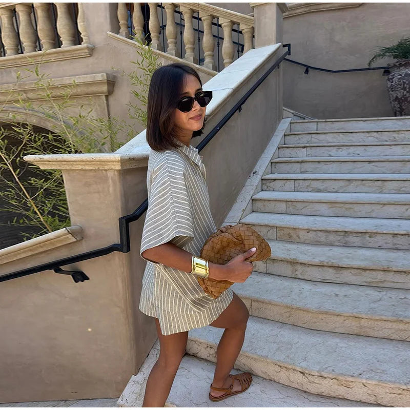 Casual Striped Lace Up Women Shorts Suits Lapel Half Sleeve Single Breasted Shirt Wide Leg Shorts 2025 Summer New Chic Lady Sets