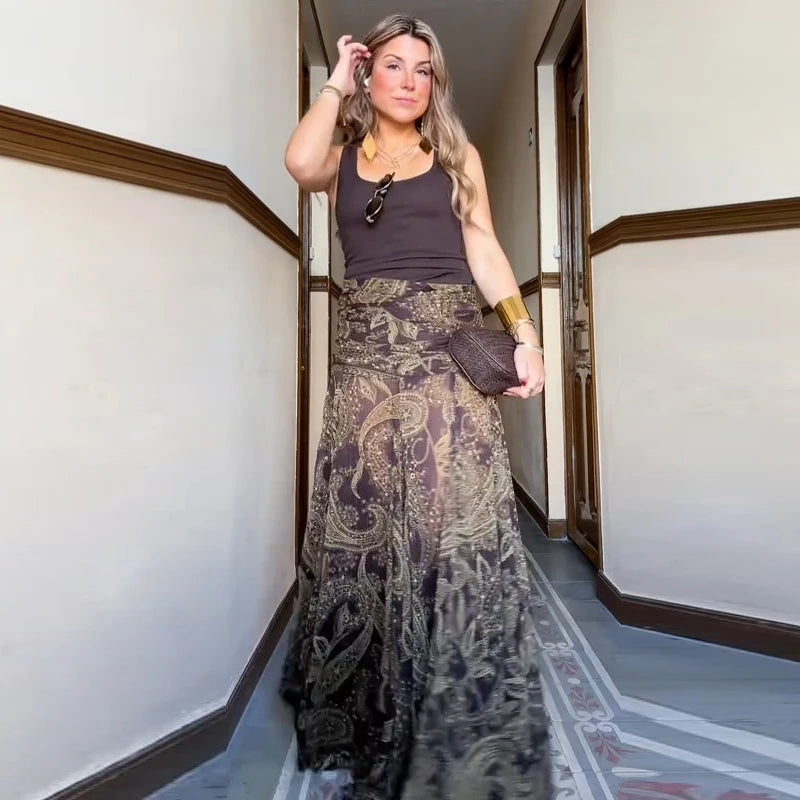 Sexy Print Asymmetric Long Skirts Women Loose High Waist Pleated A-line Skirt 2025 Summer Autumn Lady Partywear