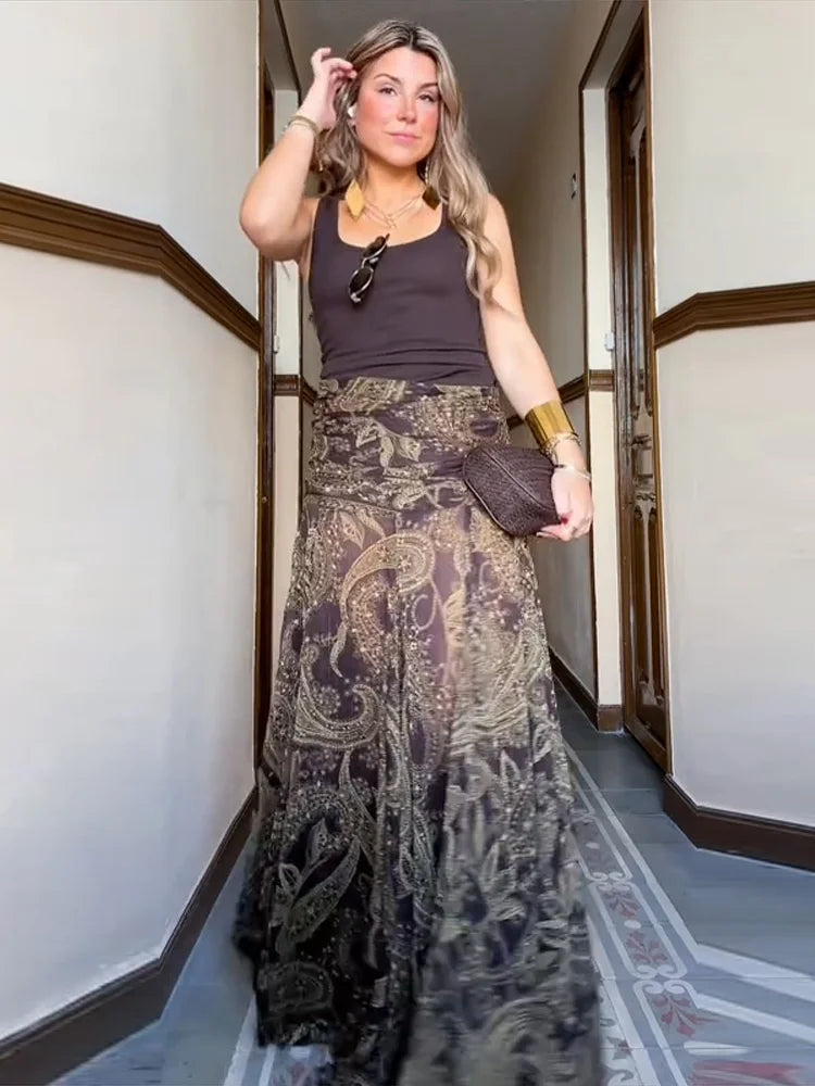 Sexy Print Asymmetric Long Skirts Women Loose High Waist Pleated A-line Skirt 2025 Summer Autumn Lady Partywear