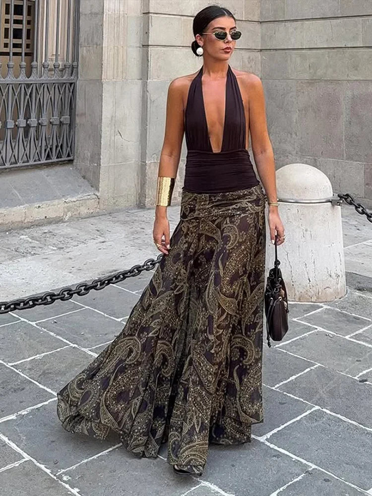 Sexy Print Asymmetric Long Skirts Women Loose High Waist Pleated A-line Skirt 2025 Summer Autumn Lady Partywear