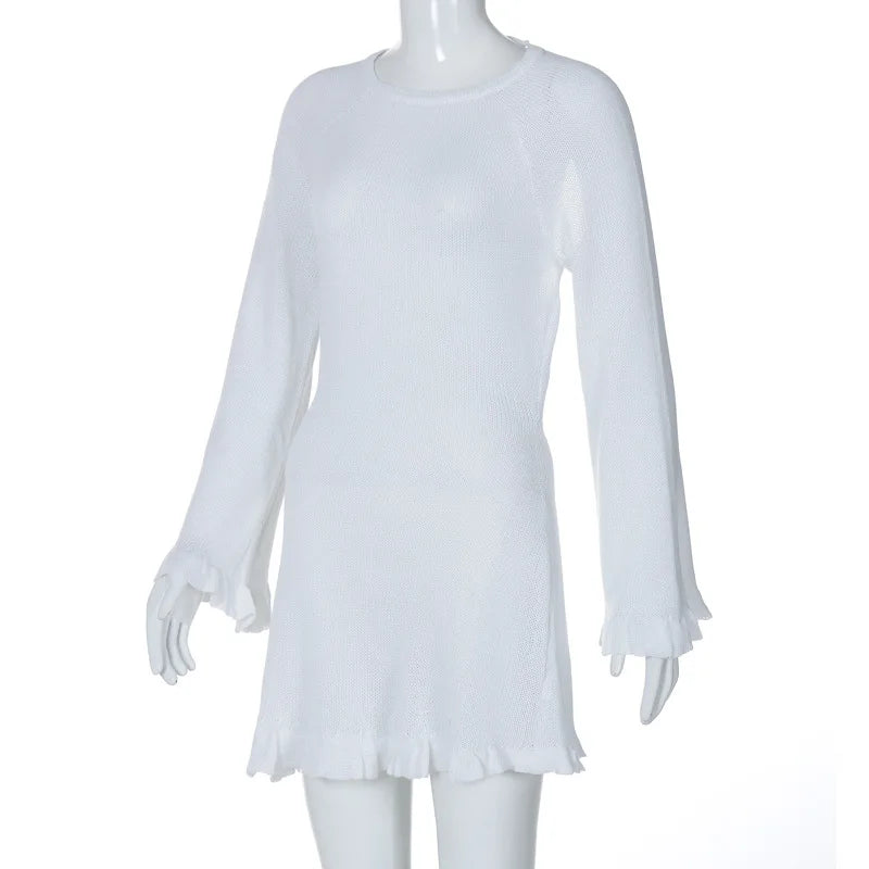 2025 Women Ins Style Sexy Backless Neck-hanging Long Sleeve Fishtail Dress Knit Beachwear Summer Swimsuit Bikini Cover-ups A2825