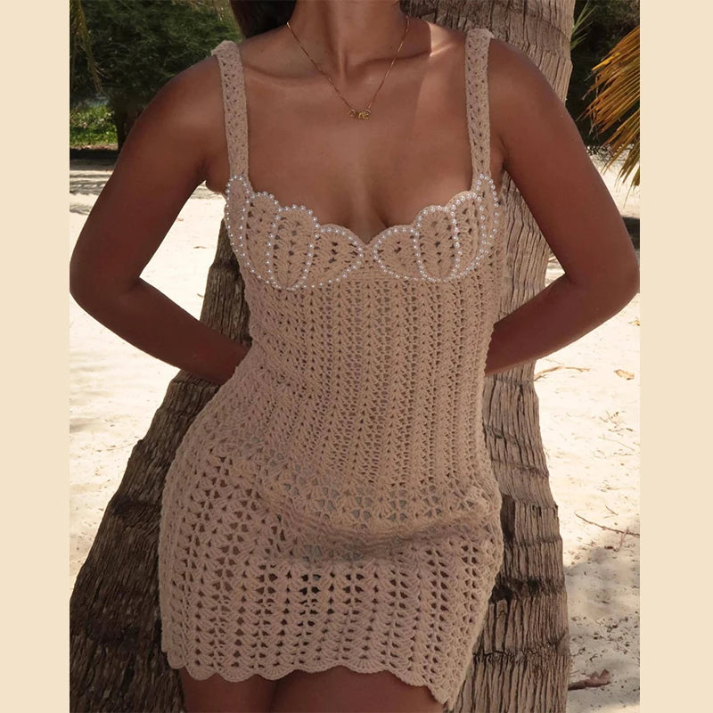 Sexy Knit Short Hollow Out Beach Dress Pearls V-neck Sleeveless Female Sling Dresses 2025 Spring Summer Lady Vacation Vestidos