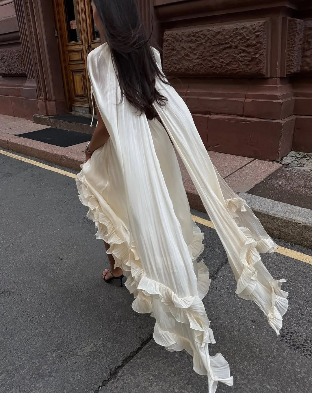 Women Solid Ruffle  Maxi Dress Fashion Lapel V-neck Sleeveless Pleated High Waist Chic Dresses 2025 Summer Lady Vacation Robes