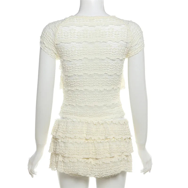 Crochet See Through 2 Piece Set Women Sexy Beach Vacation Y2K Mini Tops+Multi-Layered Tassels Skirts Matching Suits