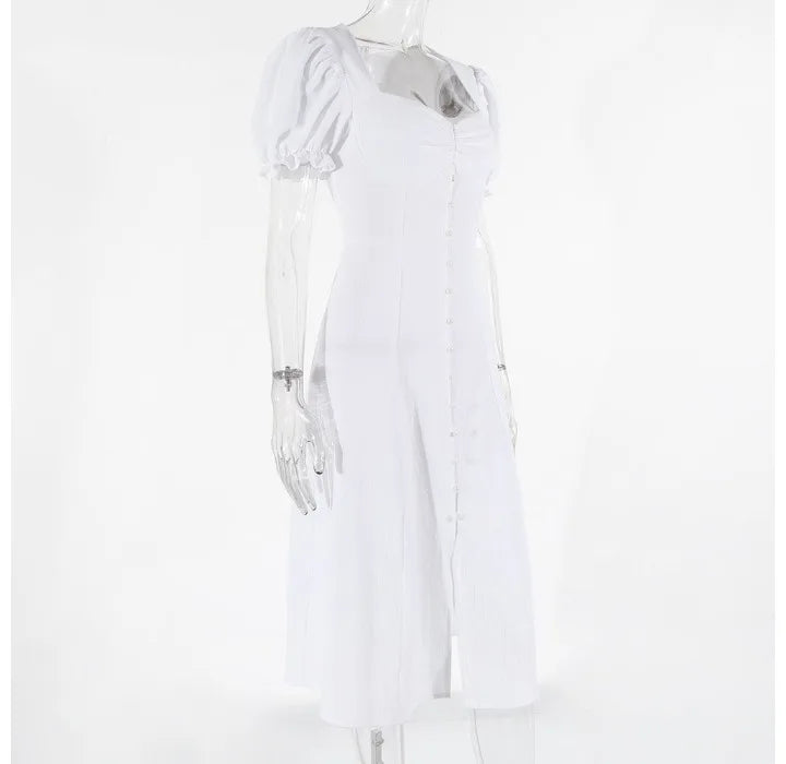 Womens Dresses 2024 Summer New Solid Color Elegant Temperament Short Sleeve Bubble Sleeves Fashion Sweet High Split Long Dress