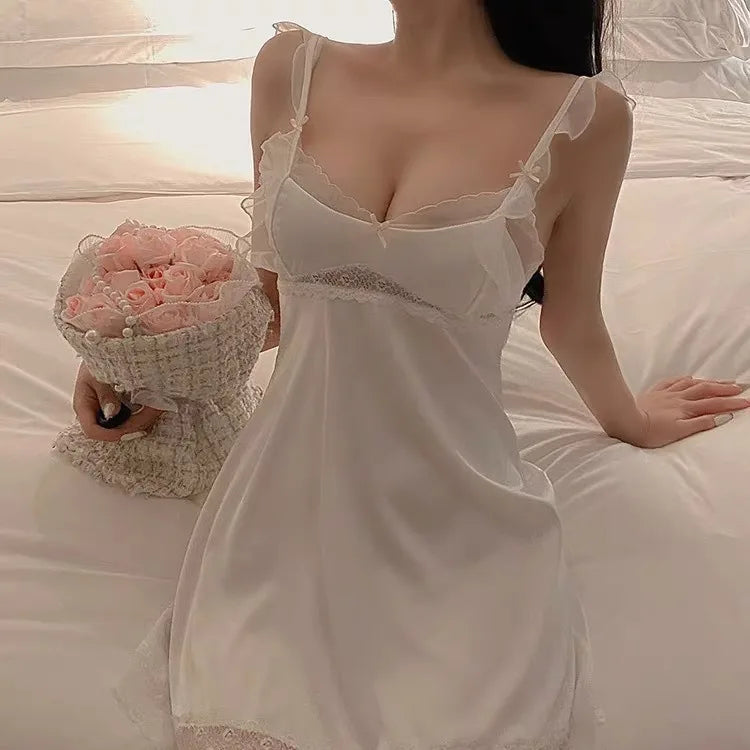 Sexy Backless Nightgown Women Suspender Nightdress Summer Lace Sleepwear Morning Gown Loungewear Silky Satin Home Dress
