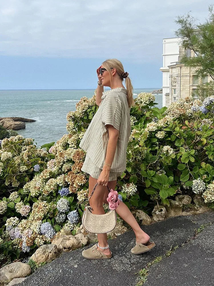 Casual Striped Lace Up Women Shorts Suits Lapel Half Sleeve Single Breasted Shirt Wide Leg Shorts 2025 Summer New Chic Lady Sets