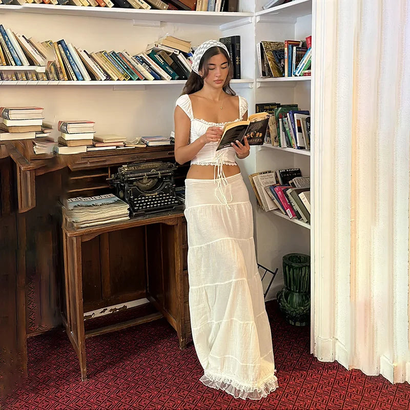 Boho Inspired dropped waist elastic white skirt women new flirty ruffled hem sexy Y2k summer skirt new cotton women maxi skirts