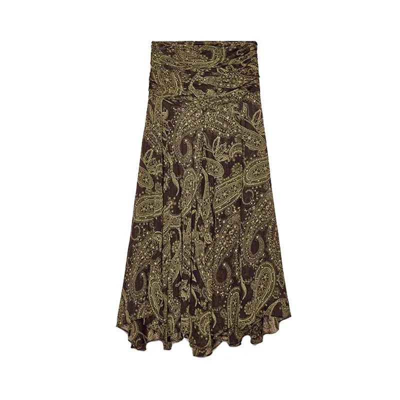 Sexy Print Asymmetric Long Skirts Women Loose High Waist Pleated A-line Skirt 2025 Summer Autumn Lady Partywear