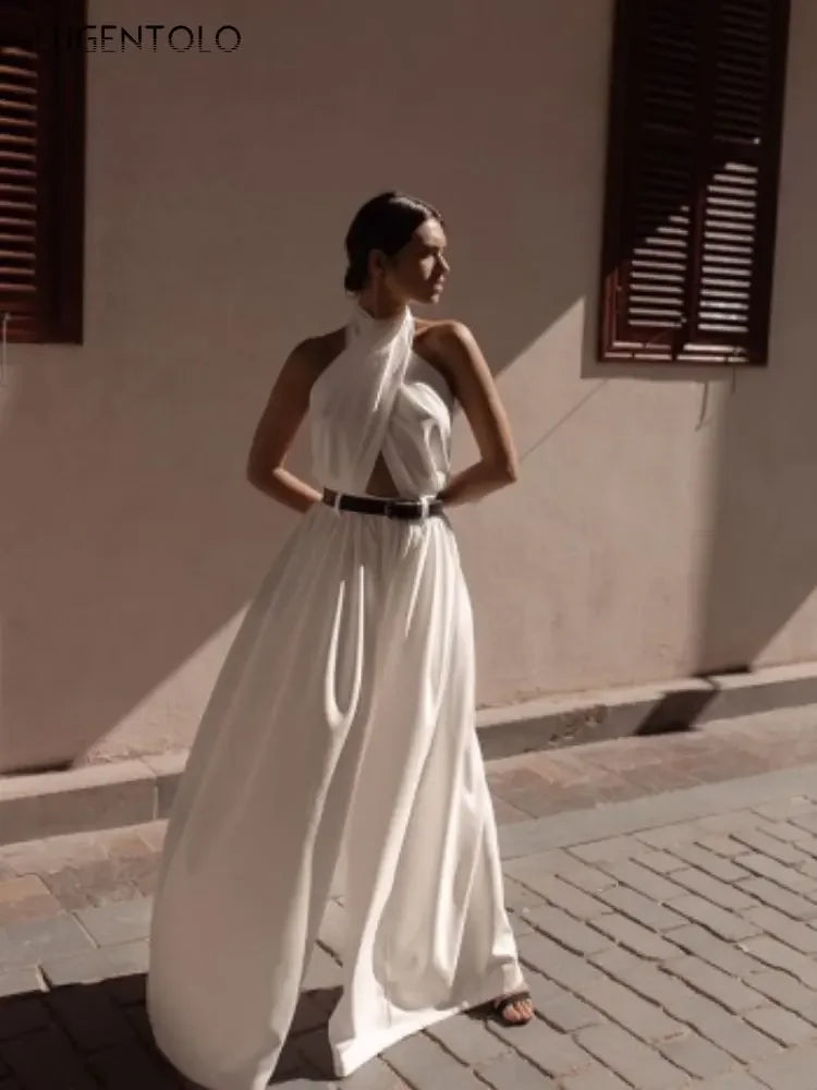 Women Sexy Backless Jumpsuits Halte Sleeveless Slim High Waist Sping Summe Thin Lady Elegant Streetwear Long Wide-leg Pants