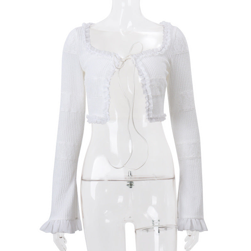 Imcute Sheer Silky Women 2 Piece Set Lace-Up Tassel Flared Sleeve Crop Top+Sexy Low-Waist Tierred Skirt Party Street Outfits