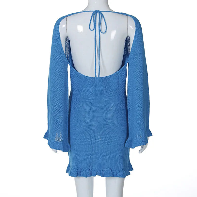 2025 Women Ins Style Sexy Backless Neck-hanging Long Sleeve Fishtail Dress Knit Beachwear Summer Swimsuit Bikini Cover-ups A2825