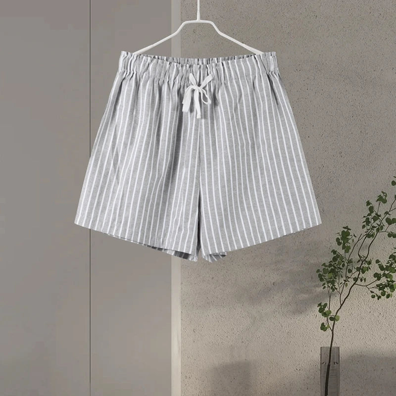 Casual Striped Lace Up Women Shorts Suits Lapel Half Sleeve Single Breasted Shirt Wide Leg Shorts 2025 Summer New Chic Lady Sets