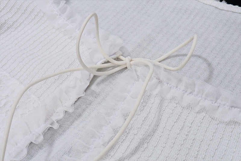 Imcute Sheer Silky Women 2 Piece Set Lace-Up Tassel Flared Sleeve Crop Top+Sexy Low-Waist Tierred Skirt Party Street Outfits