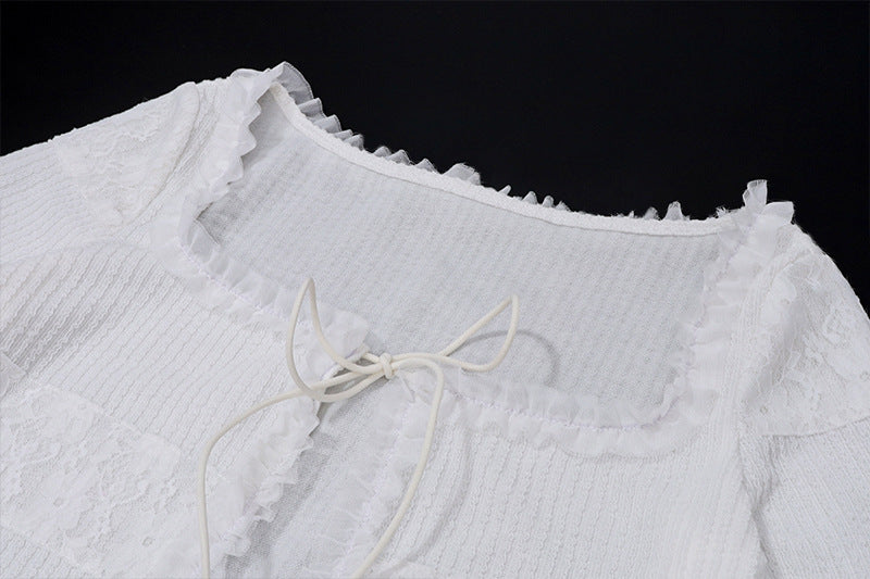 Imcute Sheer Silky Women 2 Piece Set Lace-Up Tassel Flared Sleeve Crop Top+Sexy Low-Waist Tierred Skirt Party Street Outfits