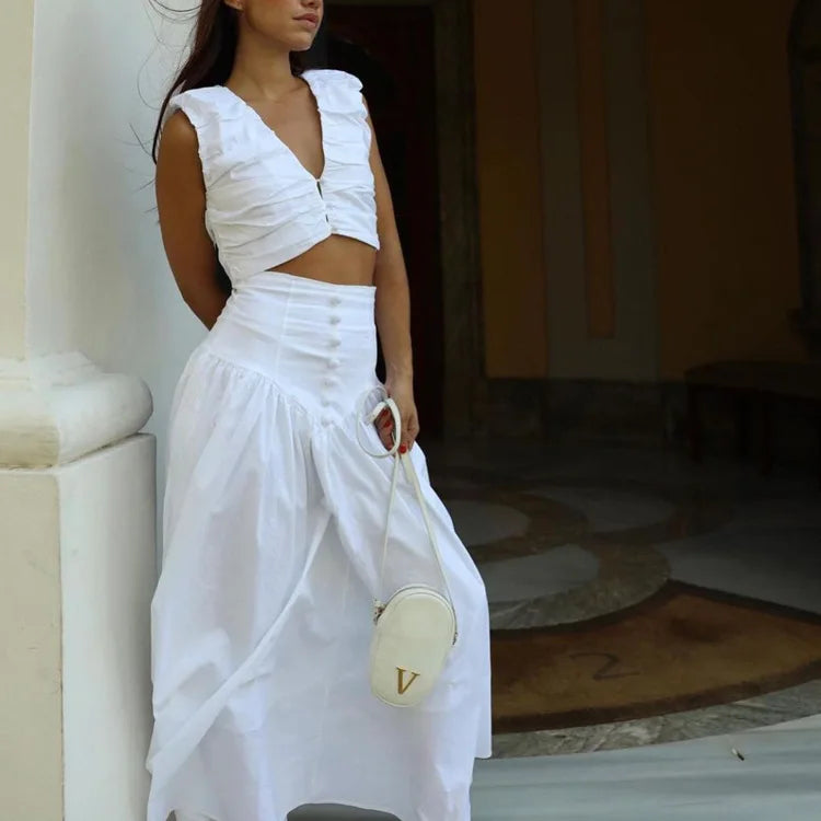 DSMTRC Fashion Long Skirt Suits Ladies Solid Outfits V-Neck Cropped Top And Patchwork White Pleated Maxi Women Skirt 2 Piece-Set