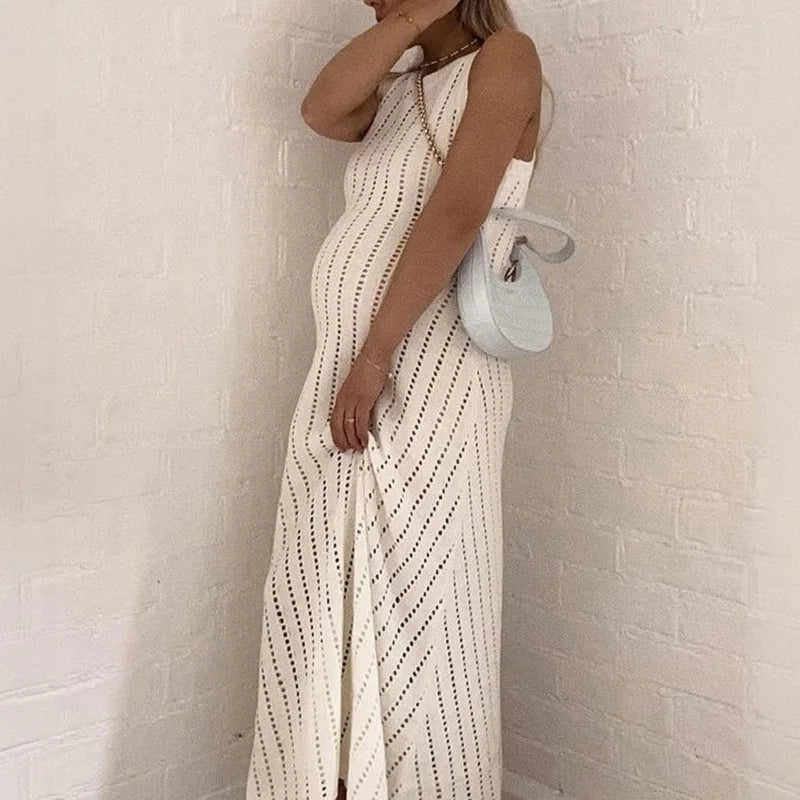 Beach Vacation Hollow Knitted Long Dress Lady O-neck Sleeveless Vest Summer A-line Dress Simple Solid Color Beach Cover Up Dress