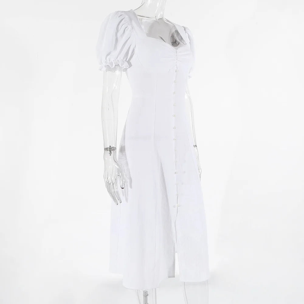 Womens Dresses 2024 Summer New Solid Color Elegant Temperament Short Sleeve Bubble Sleeves Fashion Sweet High Split Long Dress