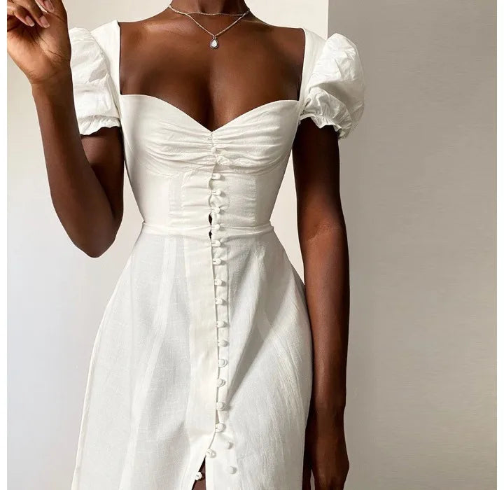 Womens Dresses 2024 Summer New Solid Color Elegant Temperament Short Sleeve Bubble Sleeves Fashion Sweet High Split Long Dress