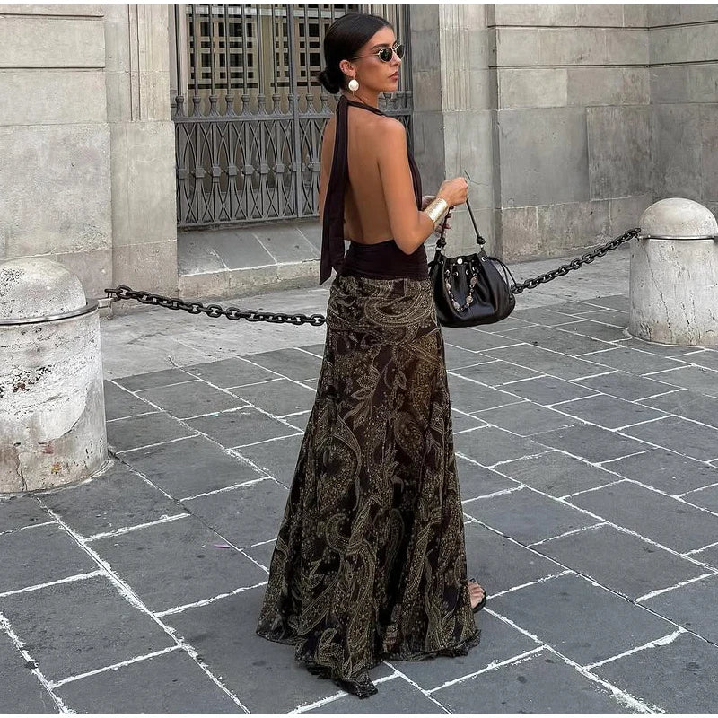 Sexy Print Asymmetric Long Skirts Women Loose High Waist Pleated A-line Skirt 2025 Summer Autumn Lady Partywear