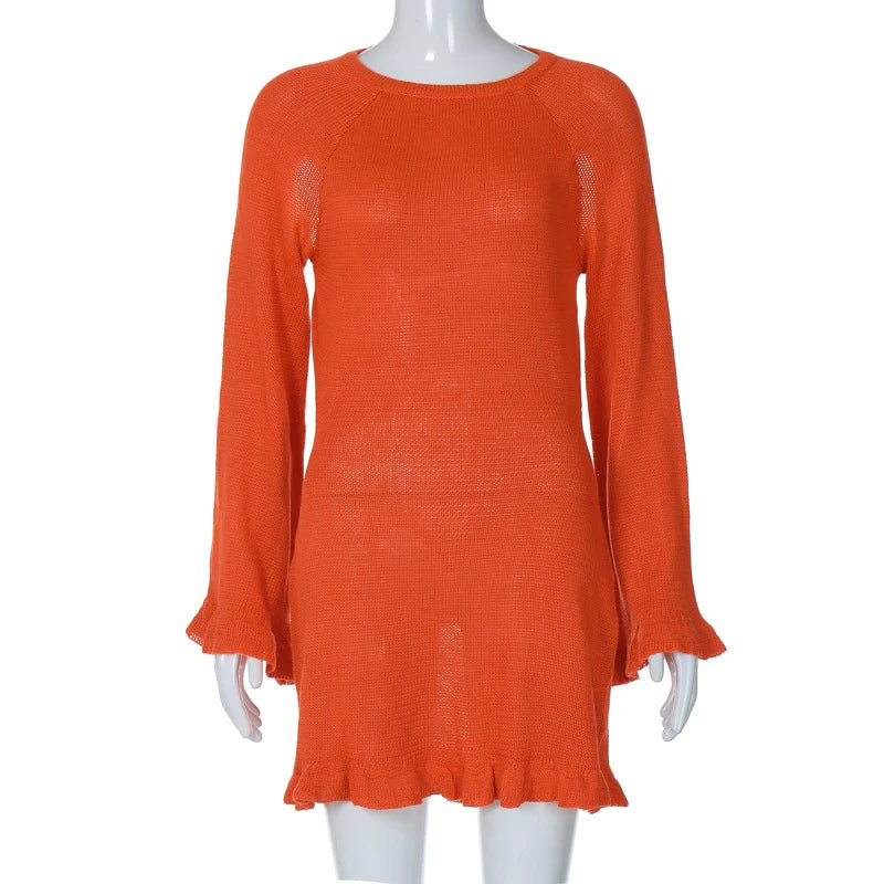 2025 Women Ins Style Sexy Backless Neck-hanging Long Sleeve Fishtail Dress Knit Beachwear Summer Swimsuit Bikini Cover-ups A2825