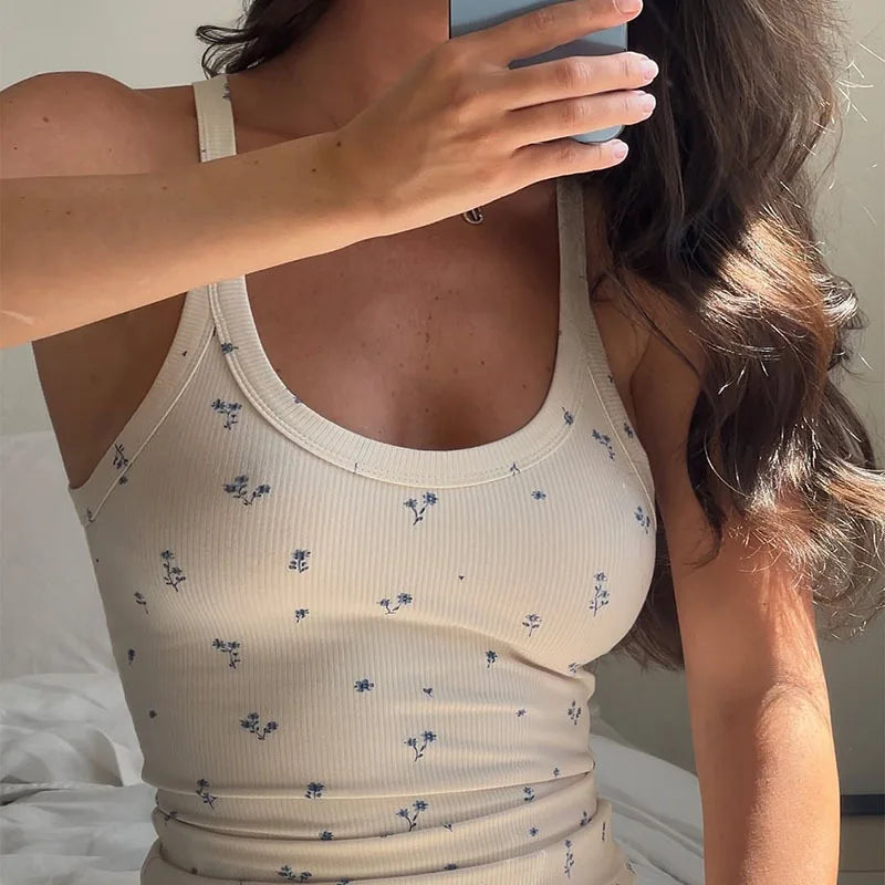 Women's Floral Ribbed Casual Loose Pants Set Sleeveless U-neck Vest Mid Waist Wide Leg Pants Home Wear