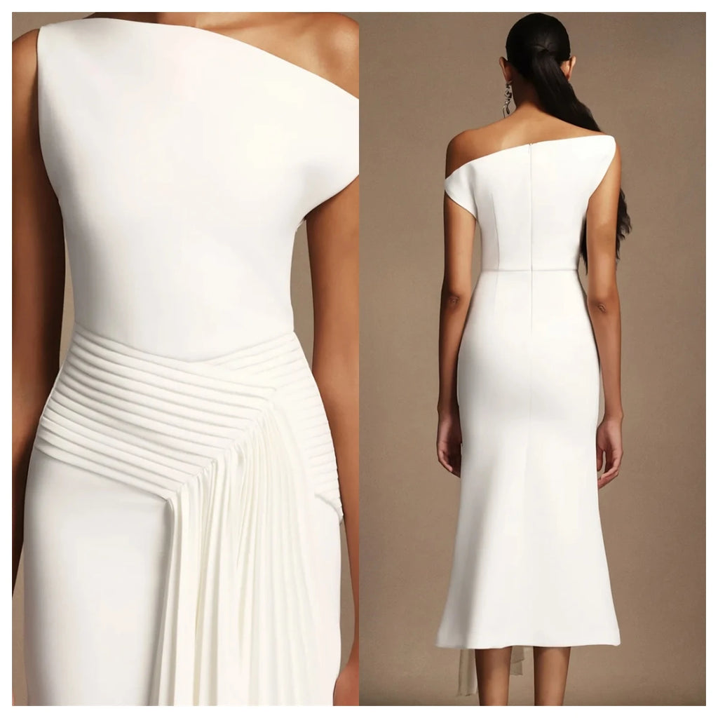 Customized Modern White Jersey Evening Dress Off the Shoulder Sleeveless Bridal Party Bespoke Occasion Gowns Zipper Back