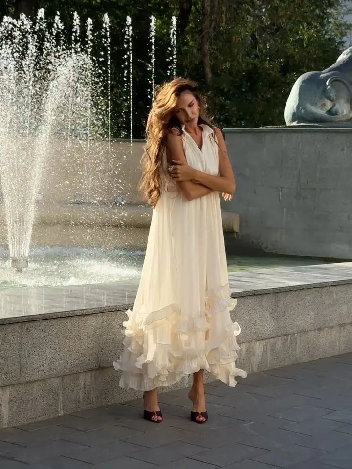 Women Solid Ruffle  Maxi Dress Fashion Lapel V-neck Sleeveless Pleated High Waist Chic Dresses 2025 Summer Lady Vacation Robes