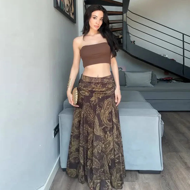 Sexy Print Asymmetric Long Skirts Women Loose High Waist Pleated A-line Skirt 2025 Summer Autumn Lady Partywear