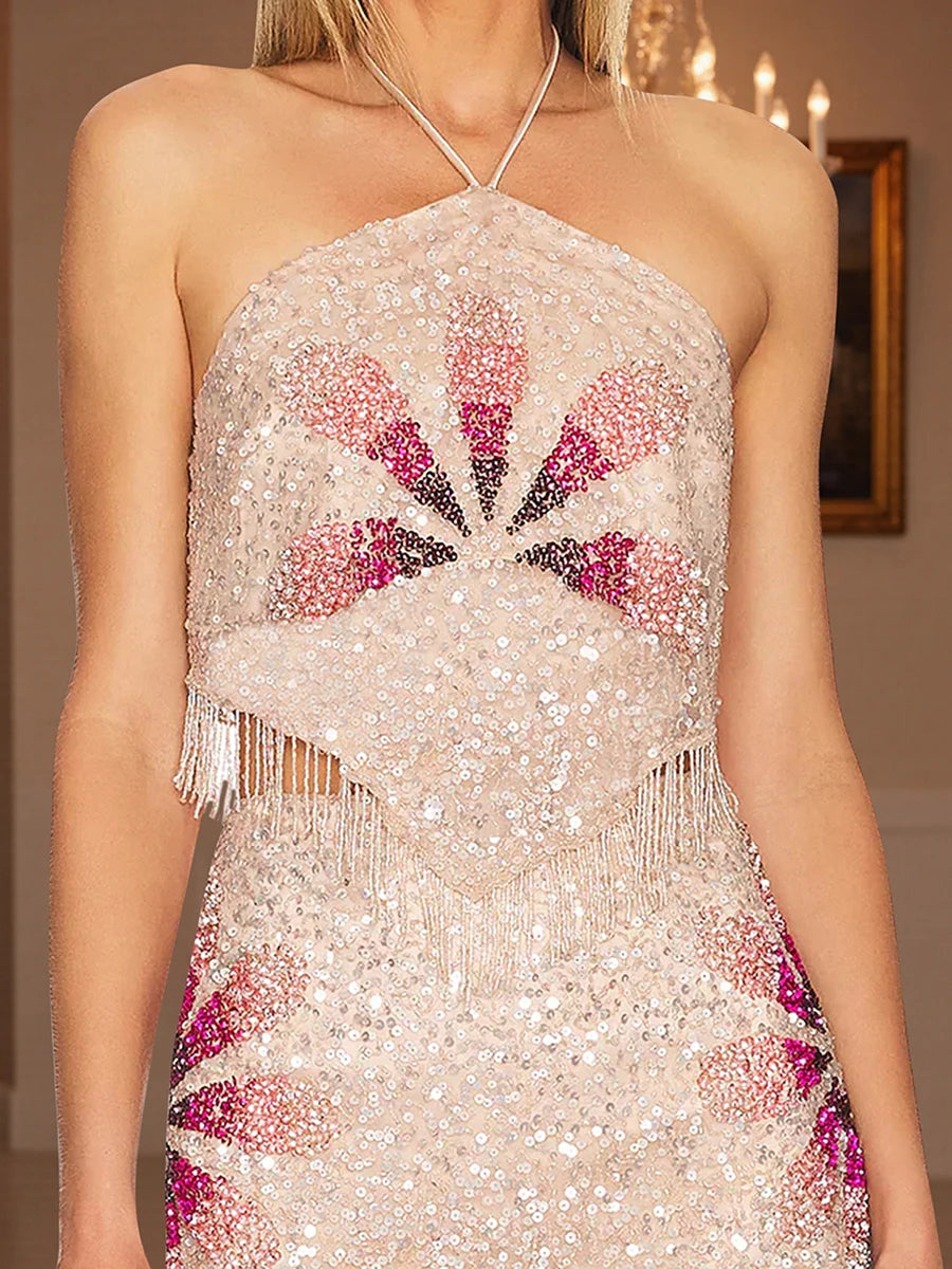 Women Sequined Tassels Halter Top Tie-up Sleeveless Vest Contrast Color Tops Fashion Crop Top Sexy Backless Summer Streetwear